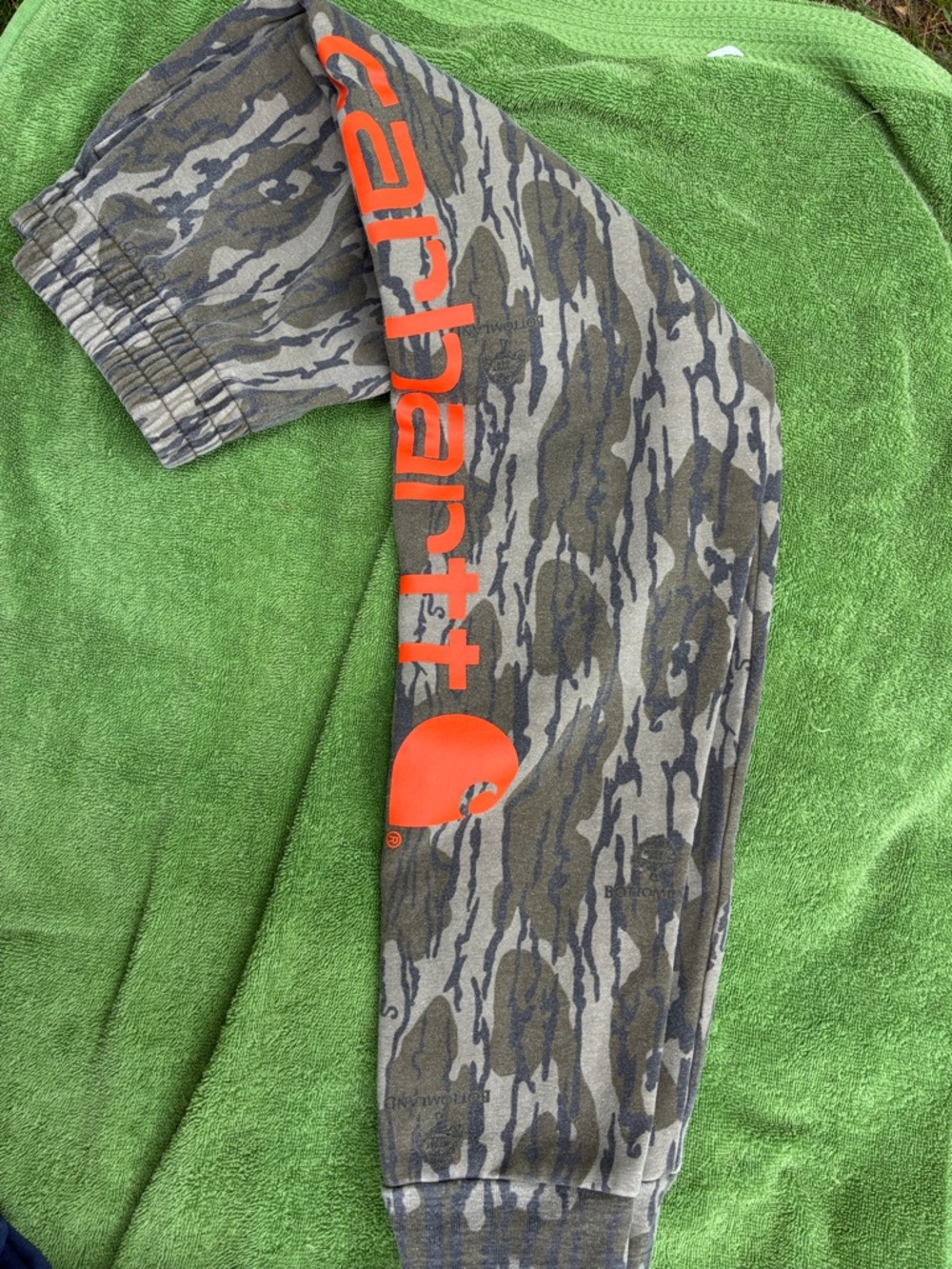 Carhartt Olive Camo Sweatpants with Bright Orange Logo
